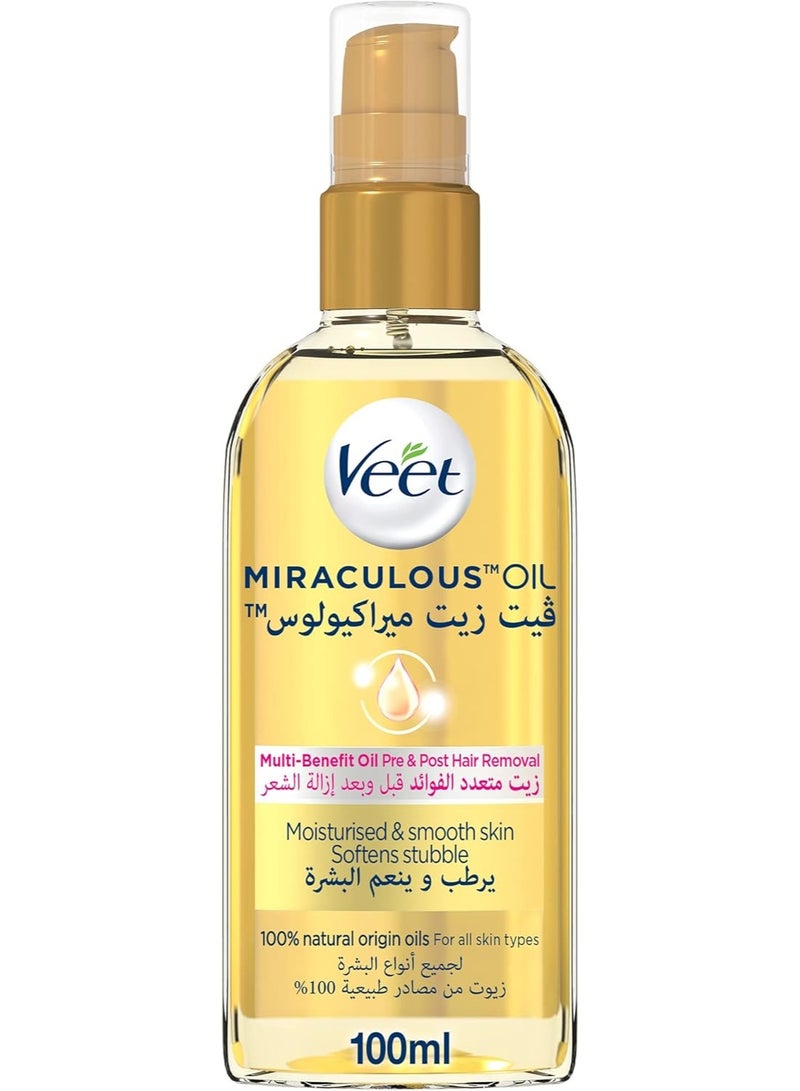 Veet Miraculous Multi Benefit Pre & Post Hair Removal Oil with 100% Natural Origin Oils, Yellow , 100 ml - Image 1
